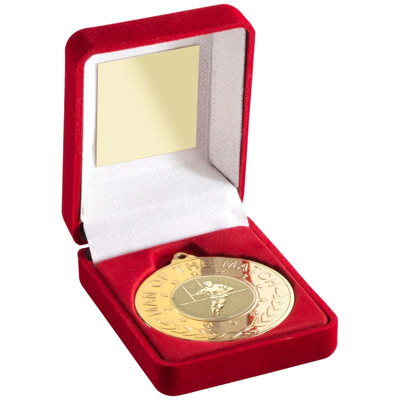 RED VELVET BOX AND 50mm MEDAL WITH RUGBY INSERT M.O.T.M TROPHY GOLD – 3.5in
