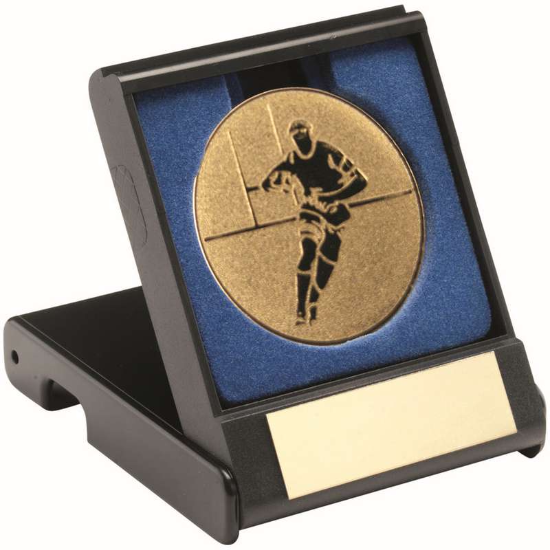 BLACK PLASTIC BOX WITH RUGBY INSERT TROPHY GOLD – 3.5in
