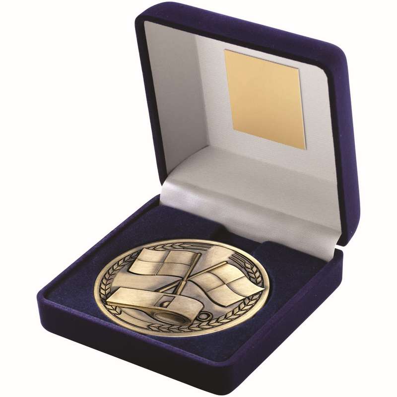 BLUE VELVET BOX AND ANTIQUE GOLD MEDALLION REFEREE TROPHY – 4in
