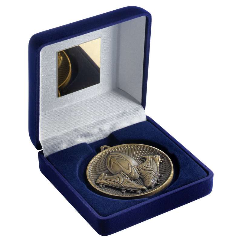 BLUE VELVET BOX AND 60mm MEDAL RUGBY TROPHY ANTIQUE GOLD – 4in