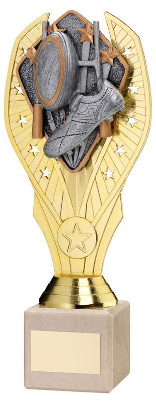 GOLD PLASTIC HOLDER + RUGBY DISC ON CREAM MARBLE TROPHY (1in CEN) – 7.75in