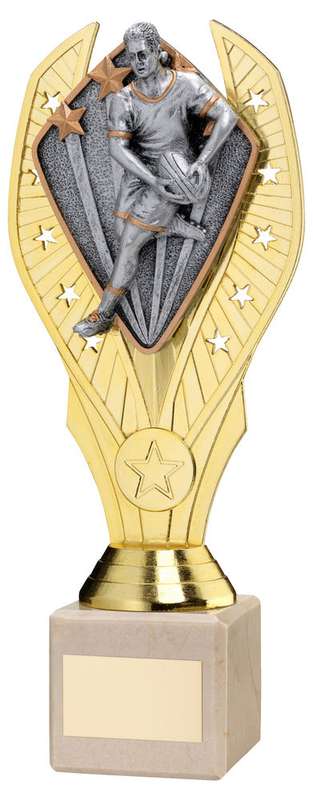 GOLD PLASTIC HOLDER + MALE RUGBY DISC ON CREAM MARBLE TROPHY (1in CEN) – 7.75in