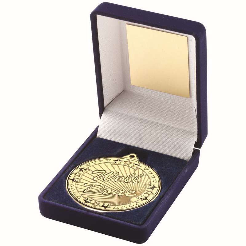 BLUE VELVET BOX AND GOLD 50mm MEDAL WELL DONE TROPHY – 3.5in
