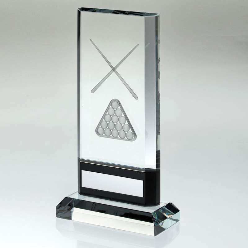 CLEAR/BLACK GLASS WITH LASERED POOL/SNOOKER IMAGE AND PLATE (15mm THICK) – 6.75″