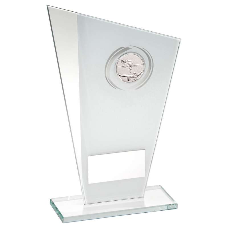 WHITE/SILVER PRINTED GLASS PLAQUE WITH POOL/SNOOKER INSERT WITH PLATE – 8in