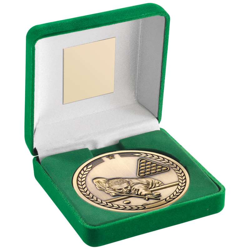 GREEN VELVET BOX AND 70mm MEDALLION POOL/SNOOKER TROPHY ANTIQUE GOLD – 4in