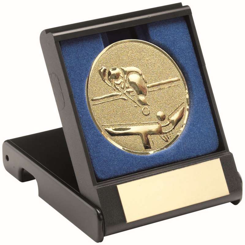 BLACK PLASTIC BOX WITH POOL/SNOOKER INSERT TROPHY GOLD – 3.5in
