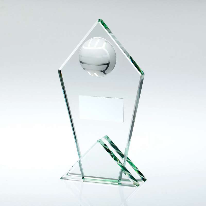 JADE GLASS POINTED PLAQUE WITH HALF VOLLEYBALL AND PLATE – 5.75in