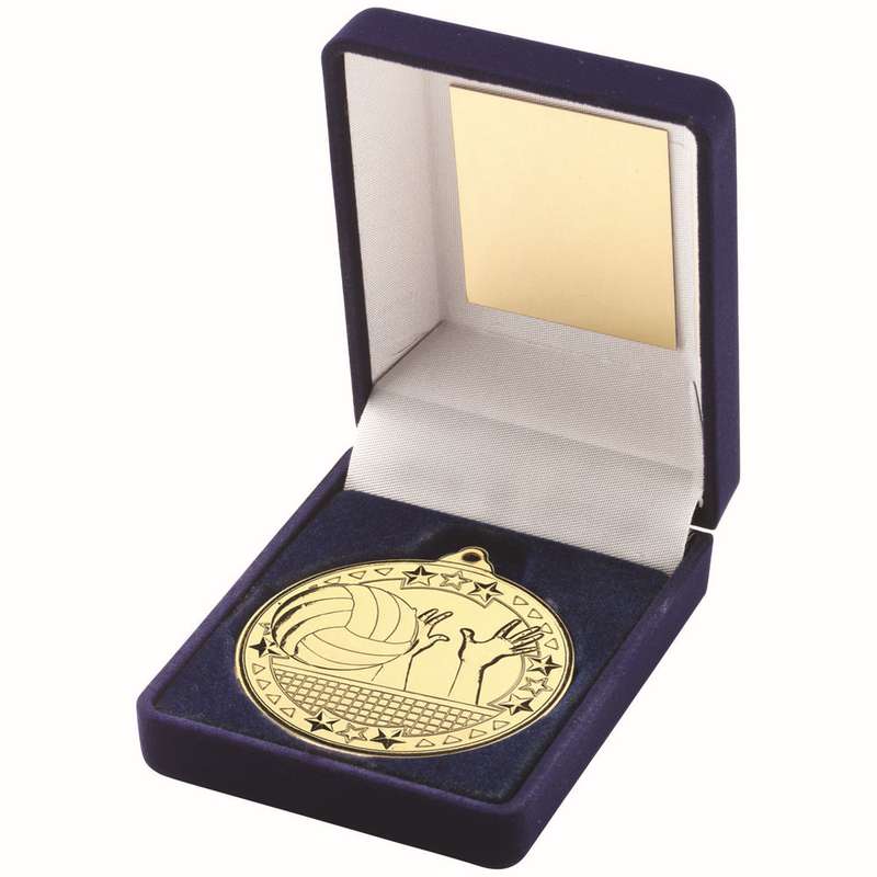 BLUE VELVET BOX AND 50mm MEDAL VOLLEYBALL TROPHY GOLD – 3.5in