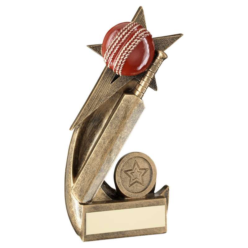 BRZ/GOLD/RED CRICKET BALL AND BAT ON SHOOTING STAR WITH PLATE (1in CEN) – 4.5in