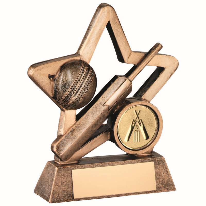 BRZ/GOLD RESIN CRICKET MINI STAR WITH PLATE (1in CENTRE) – 3.75in