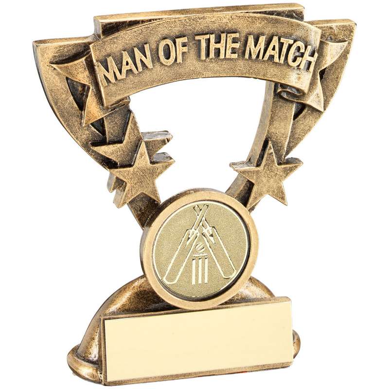 BRZ/GOLD MAN OF THE MATCH MINI CUP WITH CRICKET INSERT AND PLATE – 3.75in