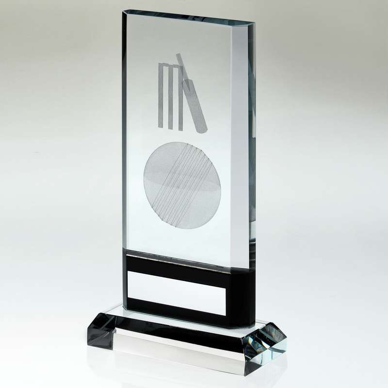 CLEAR/BLACK GLASS WITH LASERED CRICKET IMAGE AND PLATE (15mm THICK) – 6.75in