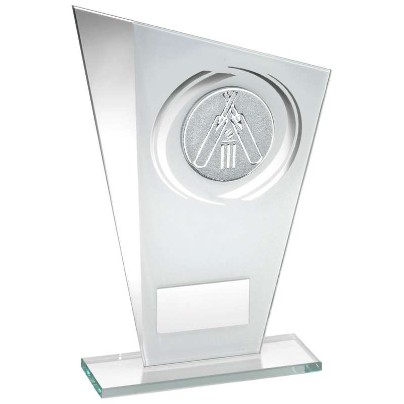WHITE/SILVER PRINTED GLASS PLAQUE WITH CRICKET INSERT AND PLATE – 8in