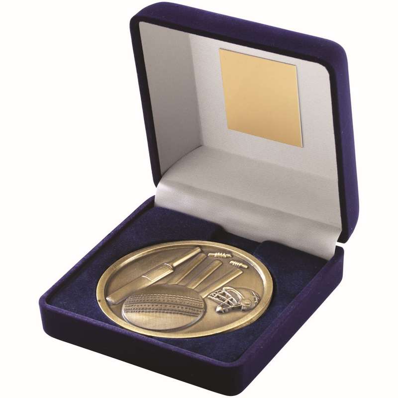 BLUE VELVET BOX AND 70mm MEDALLION CRICKET TROPHY ANTIQUE GOLD – 4in
