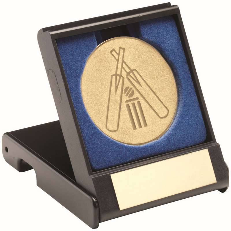 BLACK PLASTIC BOX WITH CRICKET INSERT TROPHY GOLD – 3.5in