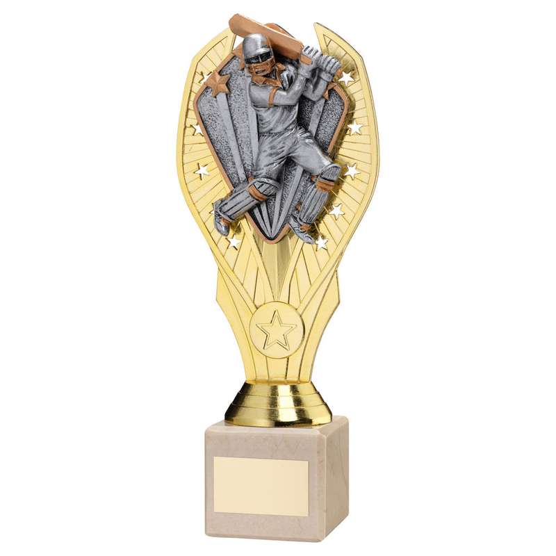 GOLD PLASTIC HOLDER + CRICKET BATSMAN DISC+CREAM MARBLE TROPHY (1in CEN) – 7.75in
