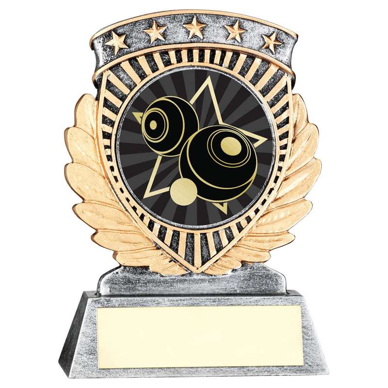 PEW/GOLD 5 STAR HOLDER WITH VINYL LAWN BOWLS INSERT & PLATE – 3.75in