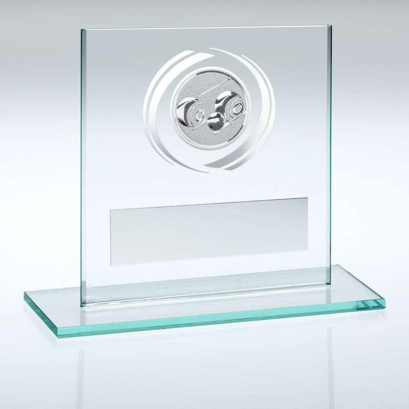 JADE/SILVER GLASS WITH LAWN BOWLS INSERT AND PLATE – 3.25in