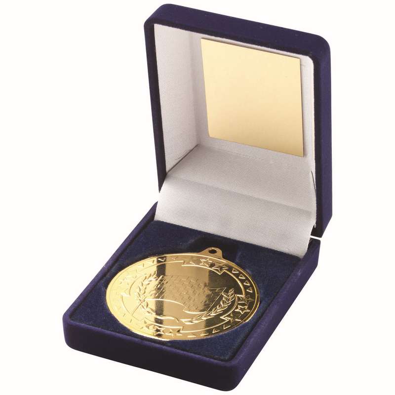 BLUE VELVET BOX AND 50mm MEDAL MOTOR SPORT TROPHY GOLD – 3.5in
