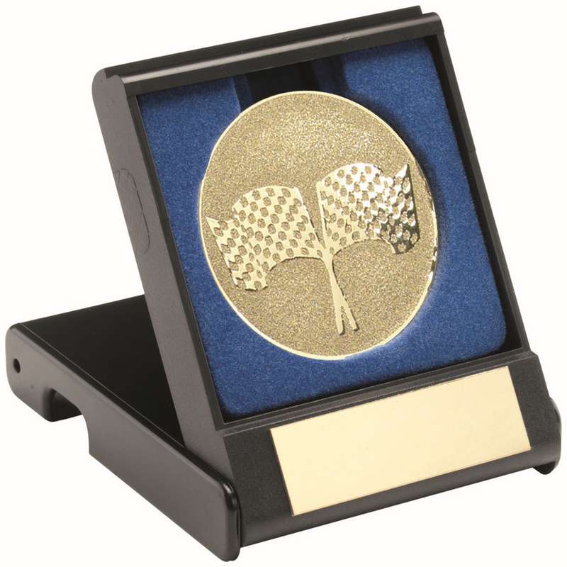 BLACK PLASTIC BOX WITH CROSSED FLAGS INSERT GOLD – 3.5in