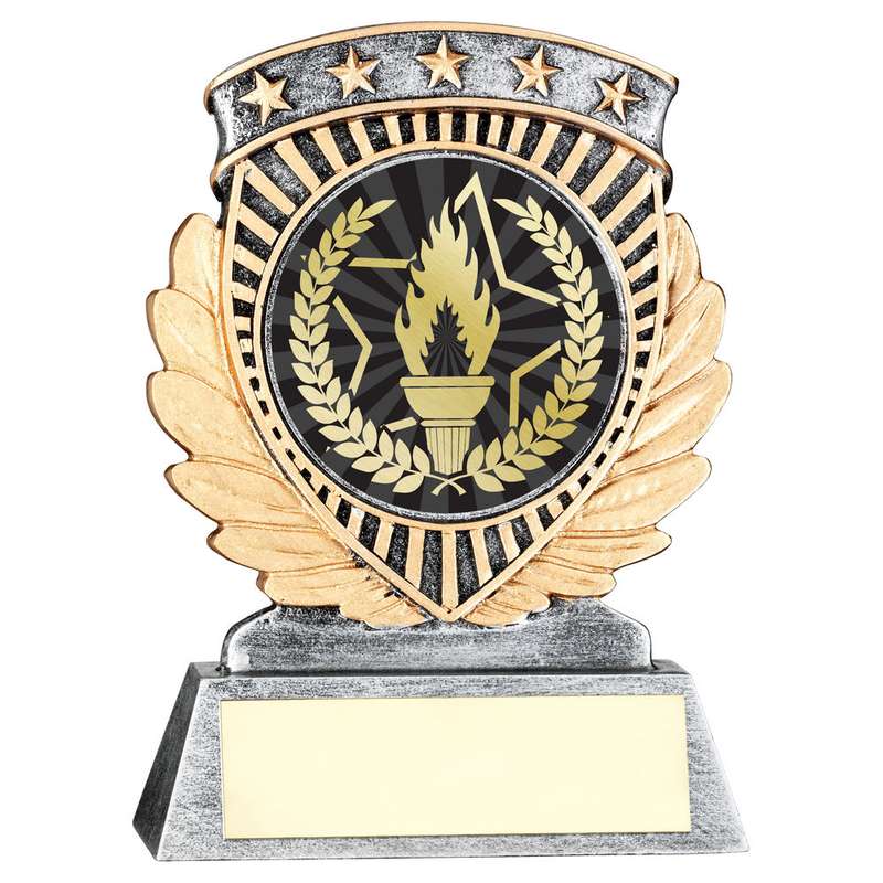 PEW/GOLD 5 STAR HOLDER WITH VINYL VICTORY TORCH INSERT & PLATE – 3.75in