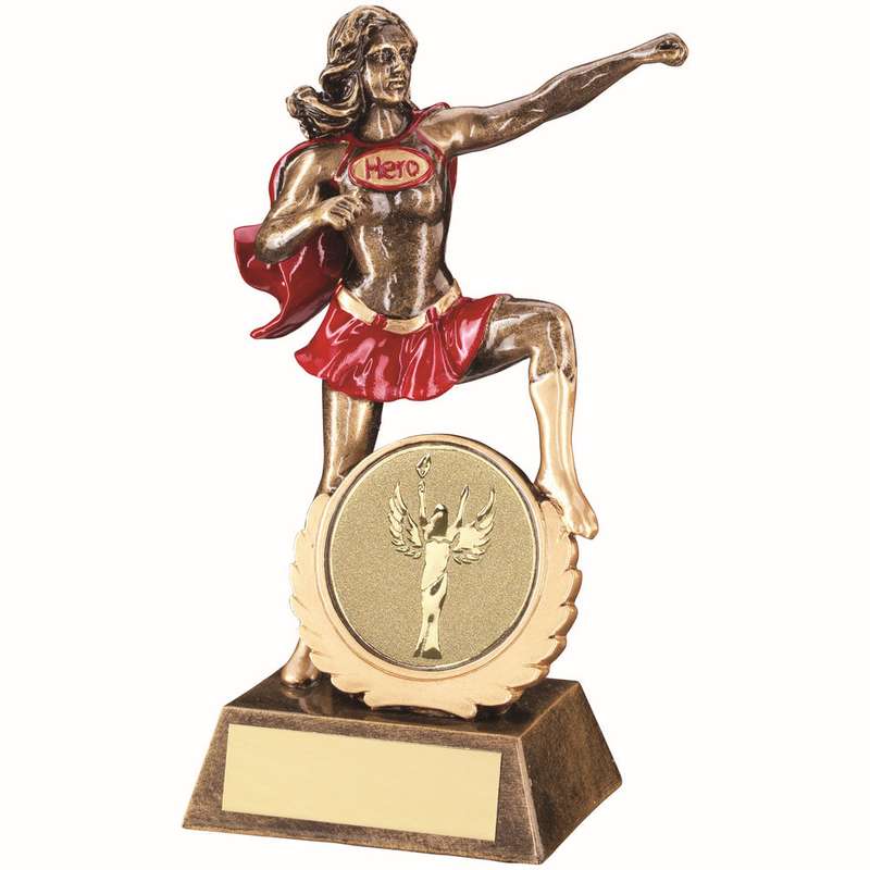 BRZ/GOLD/RED GENERIC FEMALE HERO WITH PLATE (2in CENTRE) – 7.5in