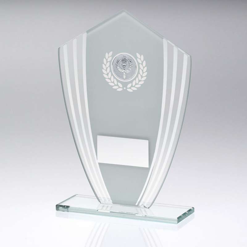 WHITE/SILVER GLASS SHIELD PLAQUE WITH PLATE (1in CEN) – 6.5in