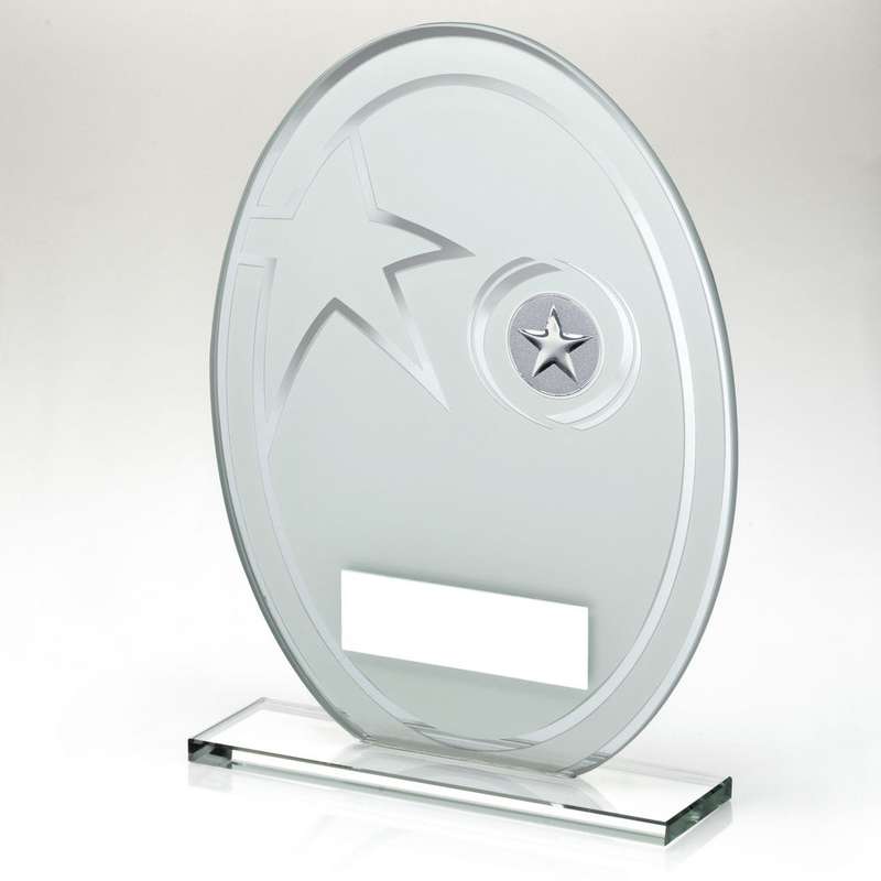 WHITE/SILVER PRINTED GLASS OVAL AND WREATH DESIGN WITH PLATE (1in CEN) – 6.5in
