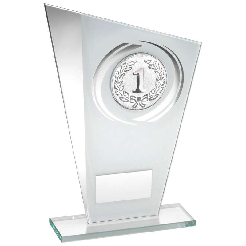 WHITE/SILVER PRINTED GLASS PLAQUE WITH WREATH WITH PLATE – (2in CENTRE) 8in