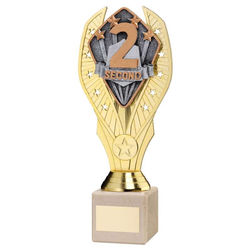GOLD PLASTIC HOLDER + SECOND DISC ON CREAM MARBLE TROPHY (1in CEN) – 7.75in