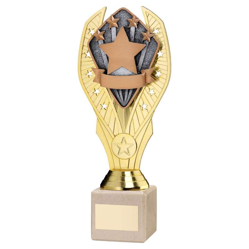 GOLD PLASTIC HOLDER + STARS DISC ON CREAM MARBLE TROPHY (1in CEN) – 7.75in