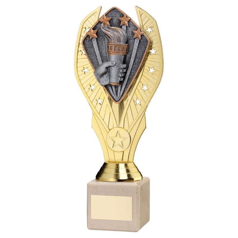 GOLD PLASTIC HOLDER+VICTORY TORCH DISC ON CREAM MARBLE TROPHY (1in CEN) – 7.75in