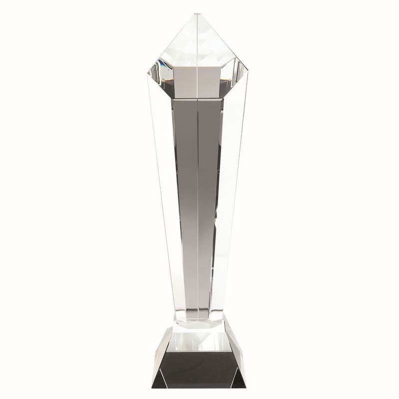 CLEAR GLASS PENTAGON COLUMN ON BASE – 13.75in