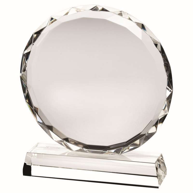 CLEAR GLASS CIRCLE WITH FACETED EDGE ON BASE (25mm THICK) – 8in