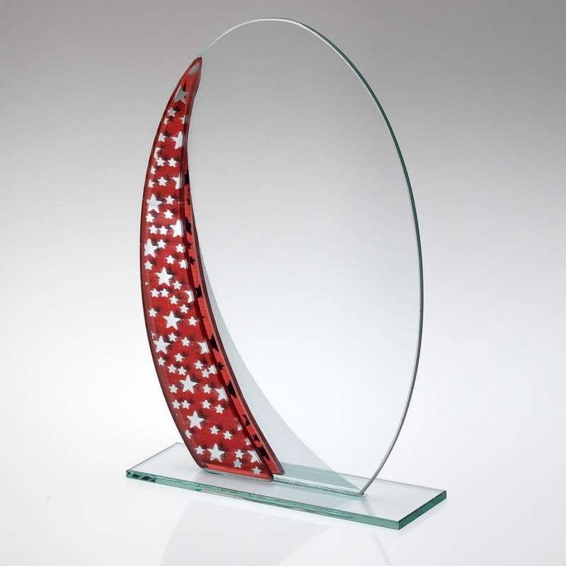 JADE GLASS OVAL PLAQUE WITH RED/SILVER STAR DESIGN (4mm THICK) – 6.5in