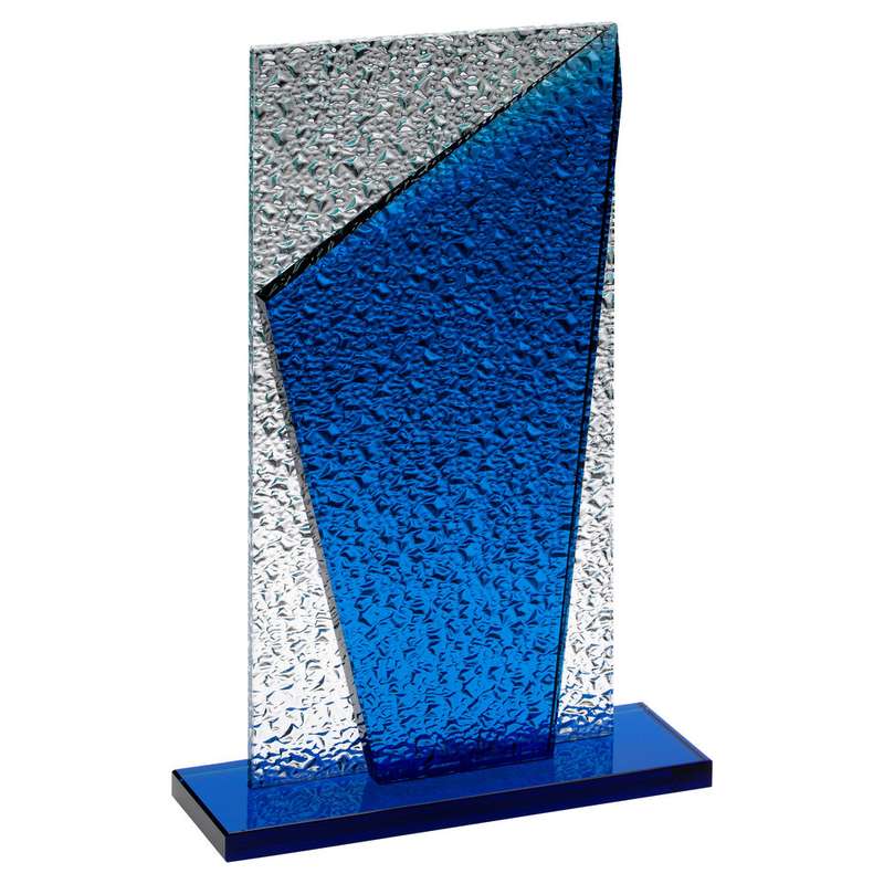 BLUE GLASS PLAQUE AND BASE WITH CLEAR FROSTED BACKDROP – 9in