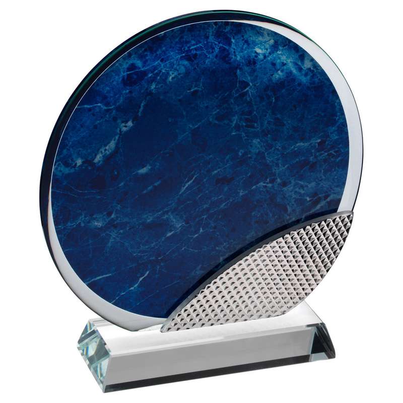 BLUE MARBLE BACKED CLEAR GLASS CIRCLE WITH SILVER DETAIL – 6.75in