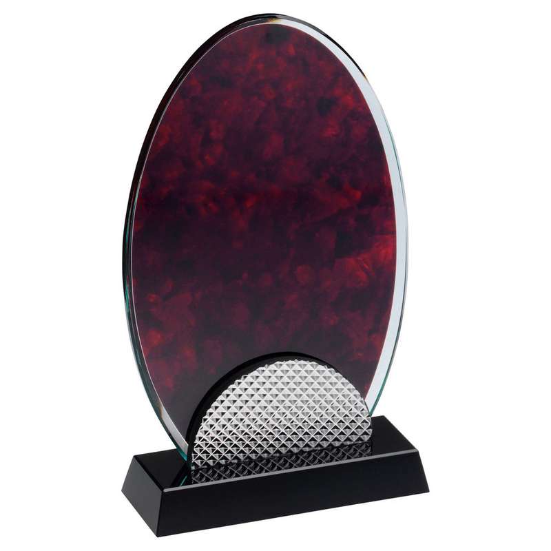 RED MARBLE BACKED CLEAR GLASS OVAL WITH SILVER DETAIL AND BLACK BASE – 7in